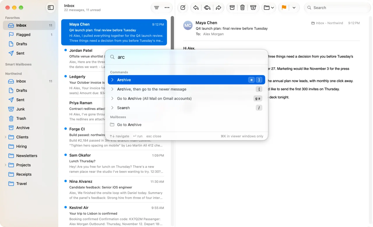 DuperMail's command palette in Apple Mail, searching for arc