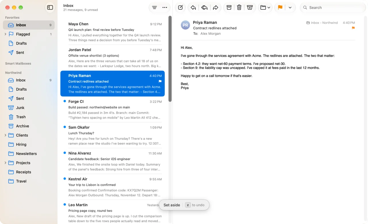 A message flagged orange after Shift L, with the note Set aside