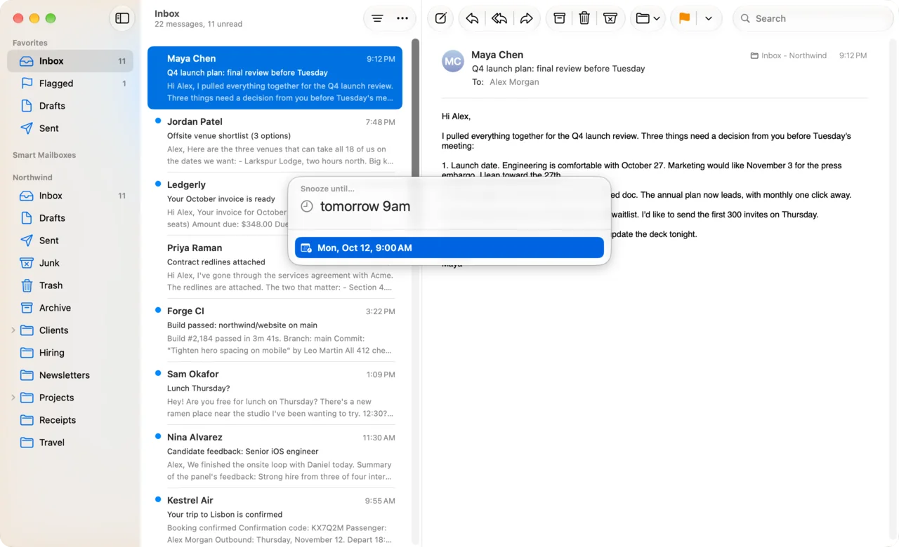 The snooze picker over Apple Mail, with tomorrow 9am typed