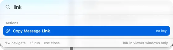 DuperMail's command palette with Copy Message Link selected