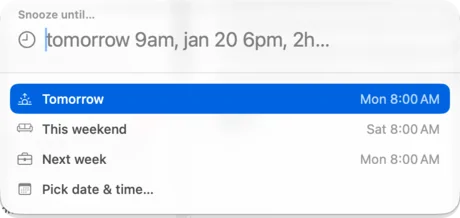 DuperMail's snooze picker: Tomorrow, This weekend, Next week, Pick date and time