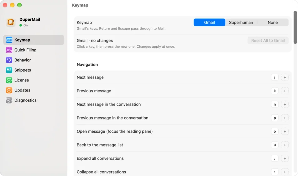 DuperMail's Keymap settings: Gmail, Superhuman or None, with every key editable