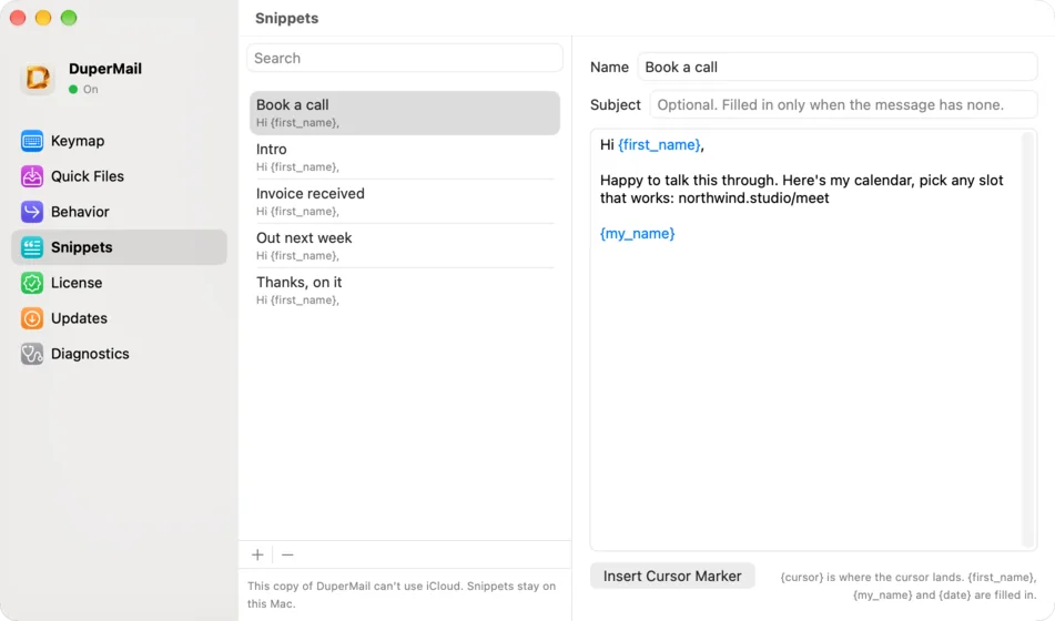 DuperMail's Snippets settings: a list of snippets and the editor for Book a call, using {first_name} and {my_name}