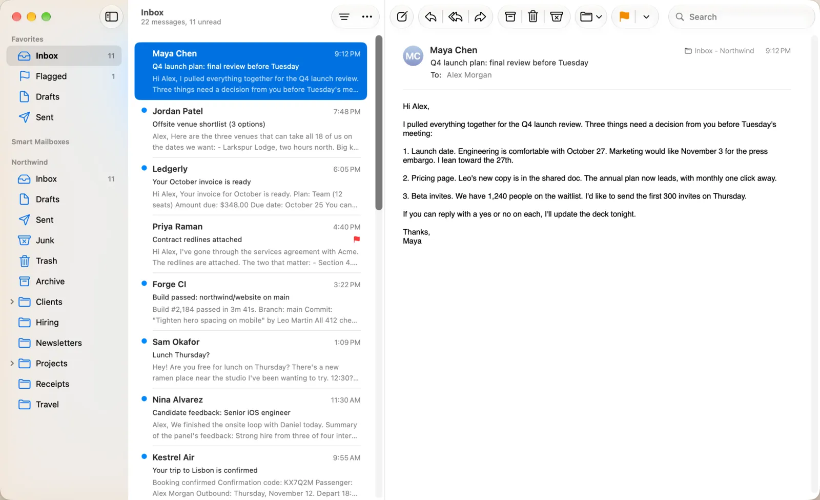 Apple Mail with DuperMail: the inbox in the message list, a message in the reading pane